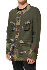 Dolce & Gabbana Braune Leinenjacke mit Tarnmuster und Knopfleiste
