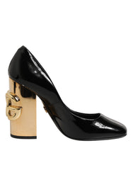 Dolce & Gabbana Schwarze Goldene Lackleder Logo Absätze Pumps Schuhe
