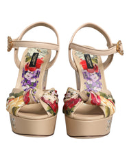 Dolce & Gabbana Beige Florale Keilabsatz-Sandalen mit Knöchelriemen