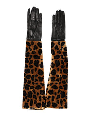 Dolce & Gabbana Braun Schwarzer Leoparden-Leder Ellenbogenlanger Fäustling