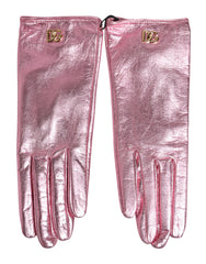 Dolce & Gabbana Pinke Leder-Fäustlinge mit DG-Logo in Handgelenkslänge