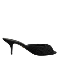 Dolce & Gabbana Black Embroidered Slip On Heels Slides Shoes
