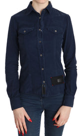 Acht katoenen blauwe corduroy blouse met lange mouwen