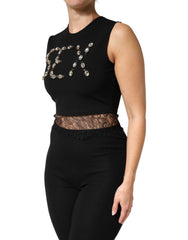 Dolce & Gabbana Schwarzes Jersey Trägertop mit Spitze, Raffungen und Strasssteinen