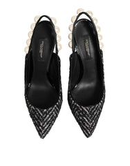 Dolce & Gabbana Weiße schwarze Chevron-Slingbacks mit Kunstperlen