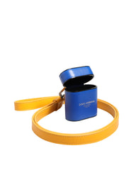 Dolce & Gabbana Blue Yellow Calfskin Leather Logo Strap Men Airpods Case