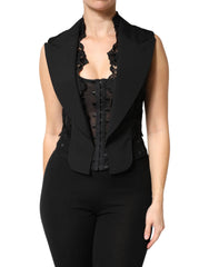 Dolce & Gabbana Schwarze Spitzenweste mit V-Ausschnitt, geschlitztem Saum und geraffter Taille