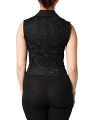 Dolce & Gabbana Schwarze Spitzenweste mit V-Ausschnitt, geschlitztem Saum und geraffter Taille