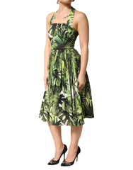 Dolce & Gabbana grünes Midi-Neckholder-Kleid aus Baumwolle mit Blättermuster