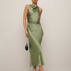 Kaachii 2024 New design OEM Custom Ladies Elegant Sleeveless Green Satin Silk Midi Long Dress For Women vintage dress