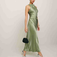Kaachii 2024 New design OEM Custom Ladies Elegant Sleeveless Green Satin Silk Midi Long Dress For Women vintage dress