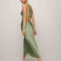 Kaachii 2024 New design OEM Custom Ladies Elegant Sleeveless Green Satin Silk Midi Long Dress For Women vintage dress