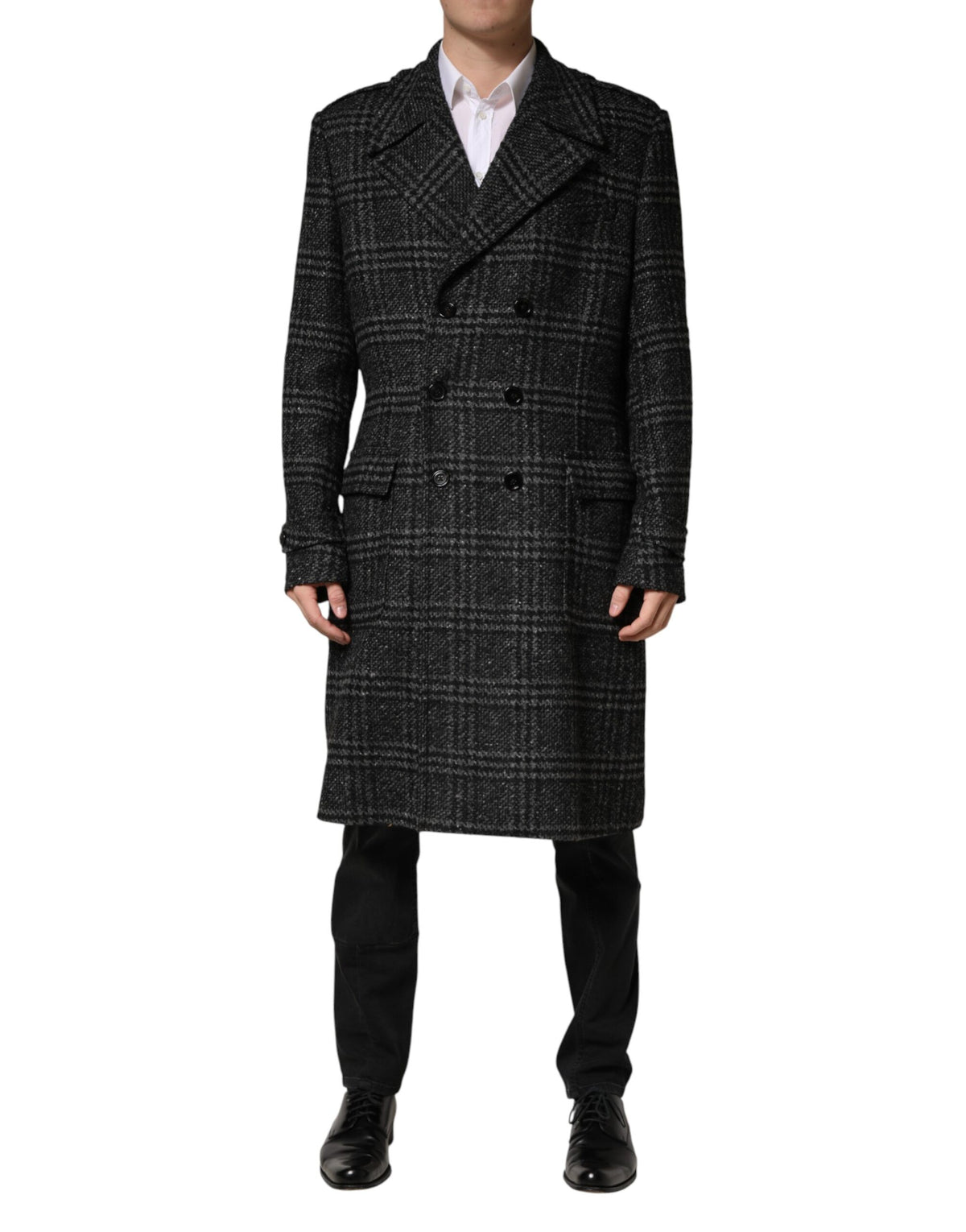 Dolce & Gabbana Graue Zweireihige Karierte Wolljacke