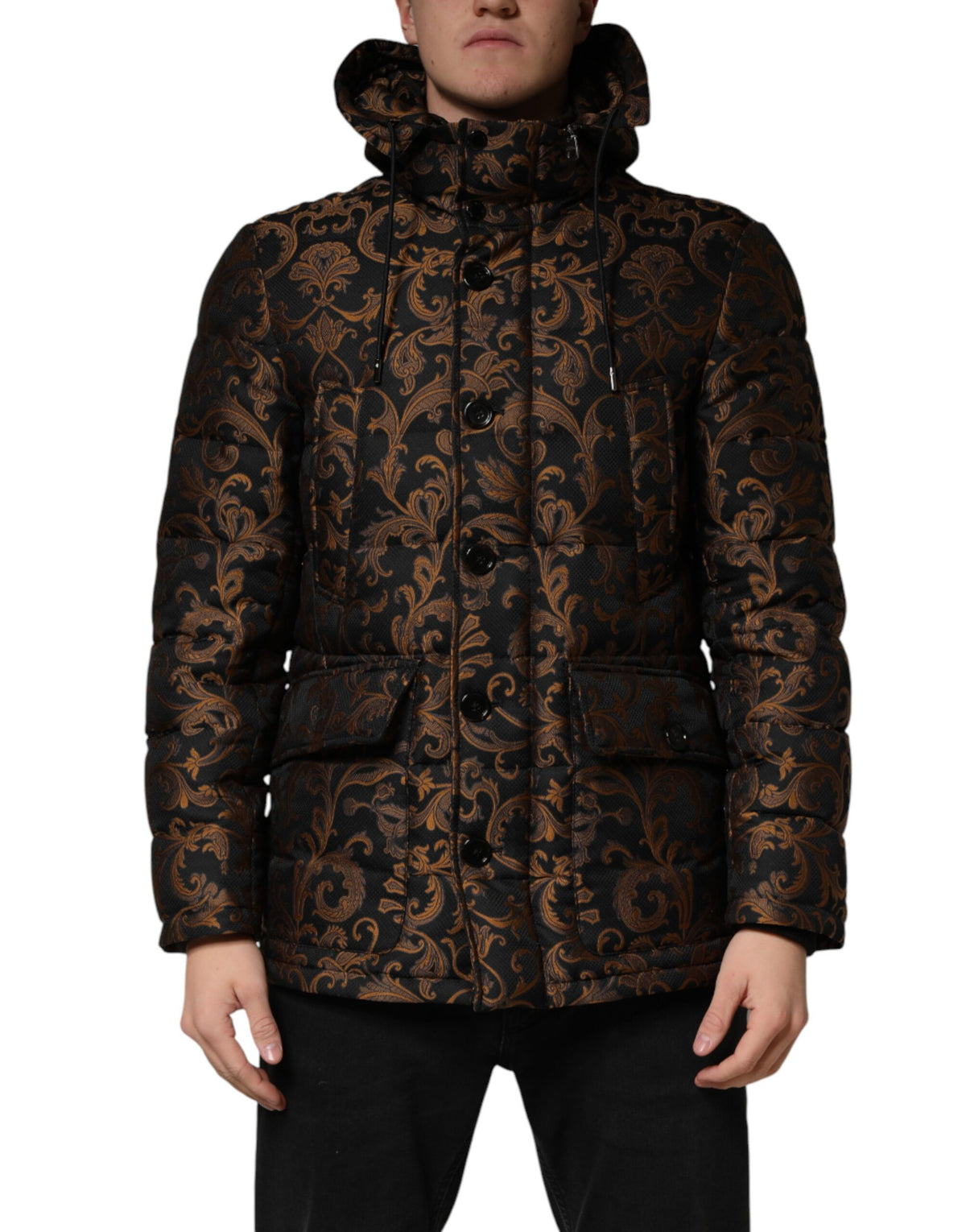 Dolce & Gabbana Schwarze floral gemusterte Steppjacke mit Kapuze