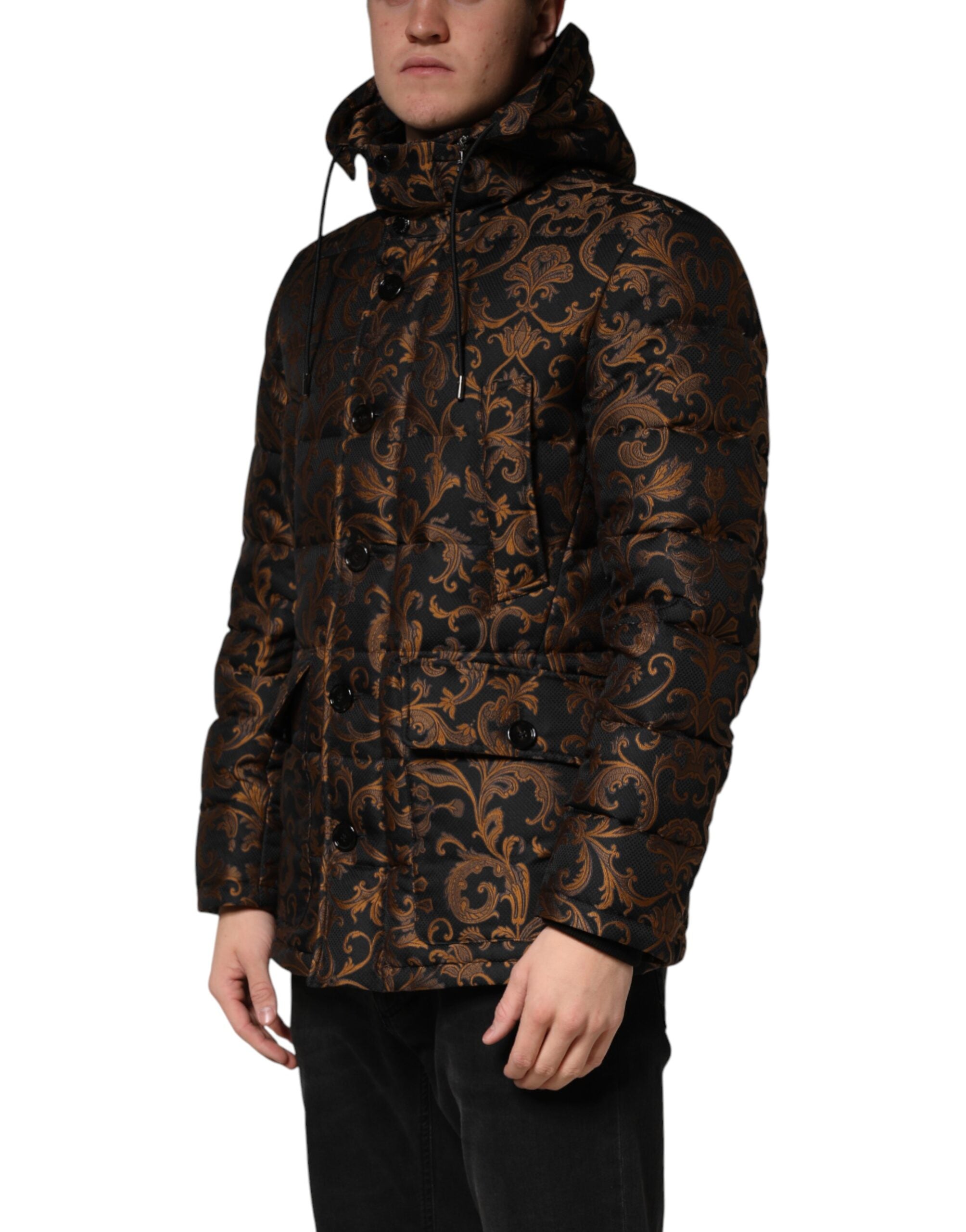 Dolce & Gabbana Schwarze floral gemusterte Steppjacke mit Kapuze