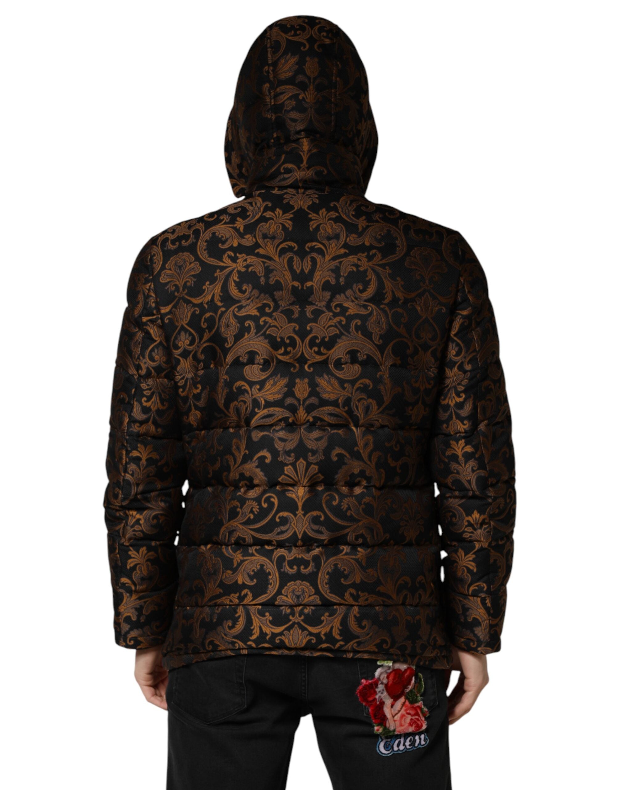 Dolce & Gabbana Schwarze floral gemusterte Steppjacke mit Kapuze