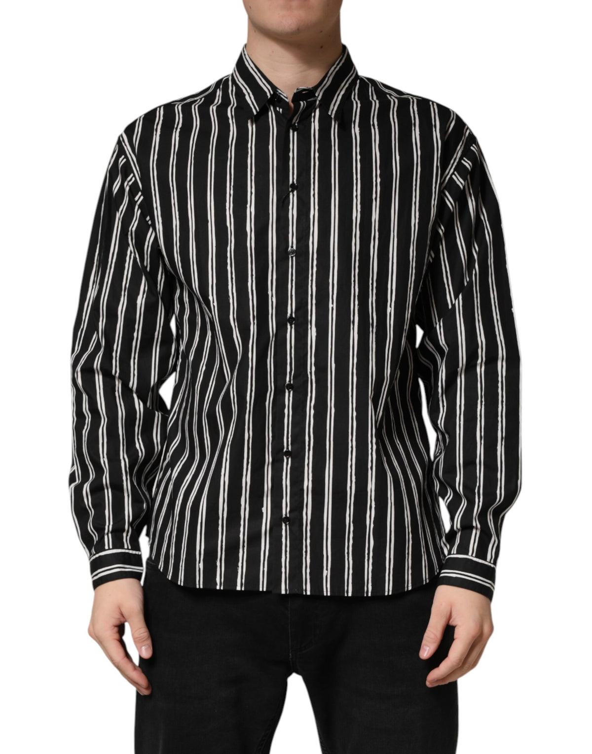 Dolce & Gabbana Schwarzes gestreiftes Baumwoll-Herrenhemd