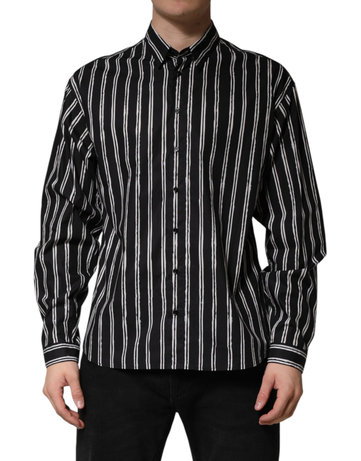 Dolce & Gabbana Schwarzes gestreiftes Baumwoll-Herrenhemd