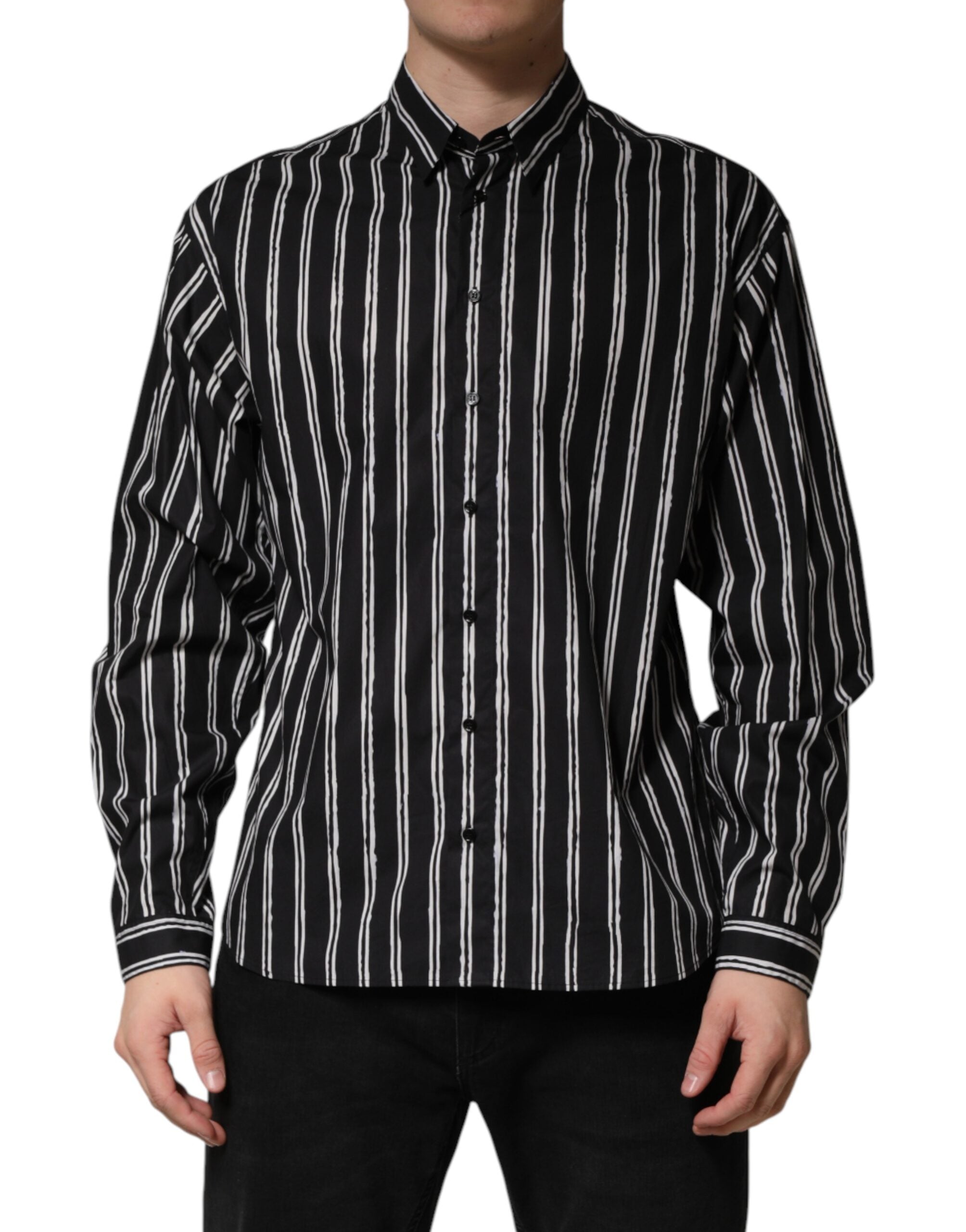 Dolce & Gabbana Schwarzes gestreiftes Baumwoll-Herrenhemd