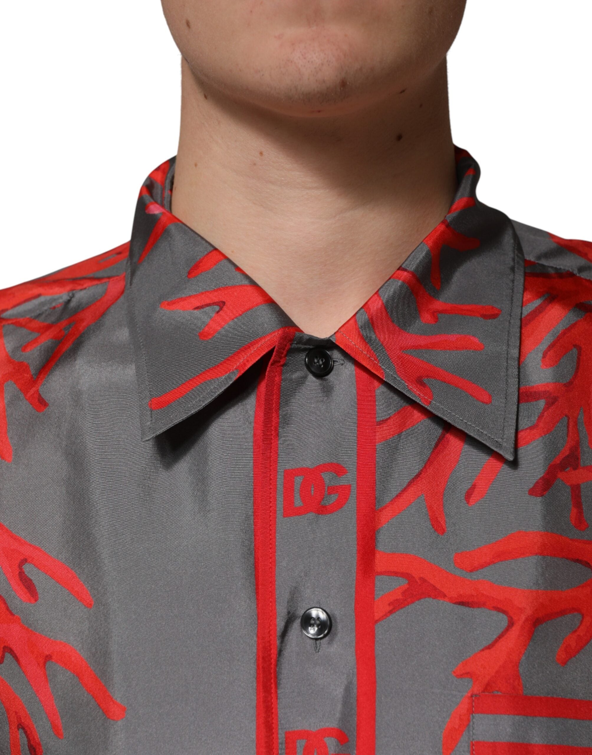 Dolce & Gabbana Grau Rot Korallen Kurzarm-Freizeithemd