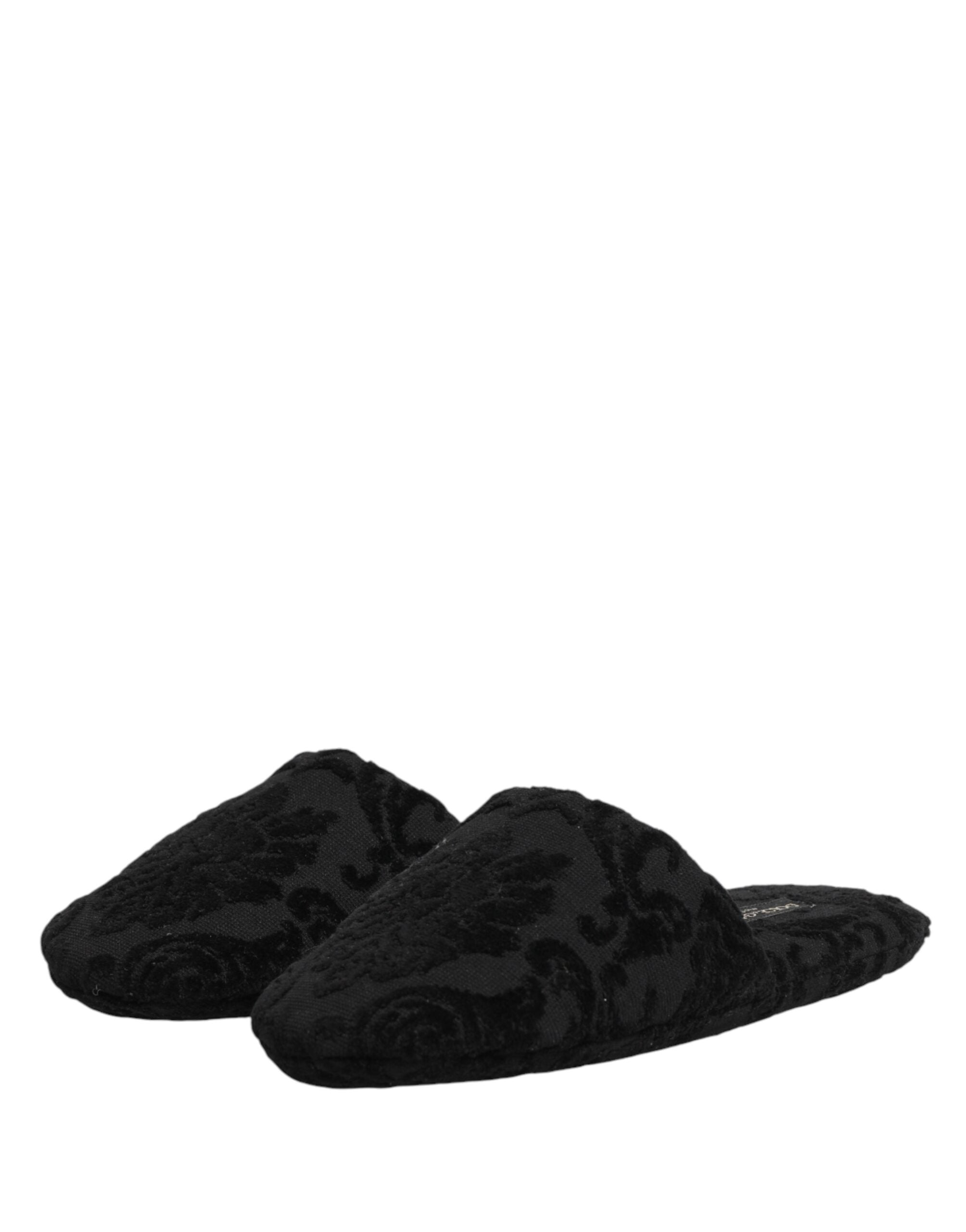 Dolce & Gabbana Schwarze Logo Bestickte Slipper Flats Schuhe