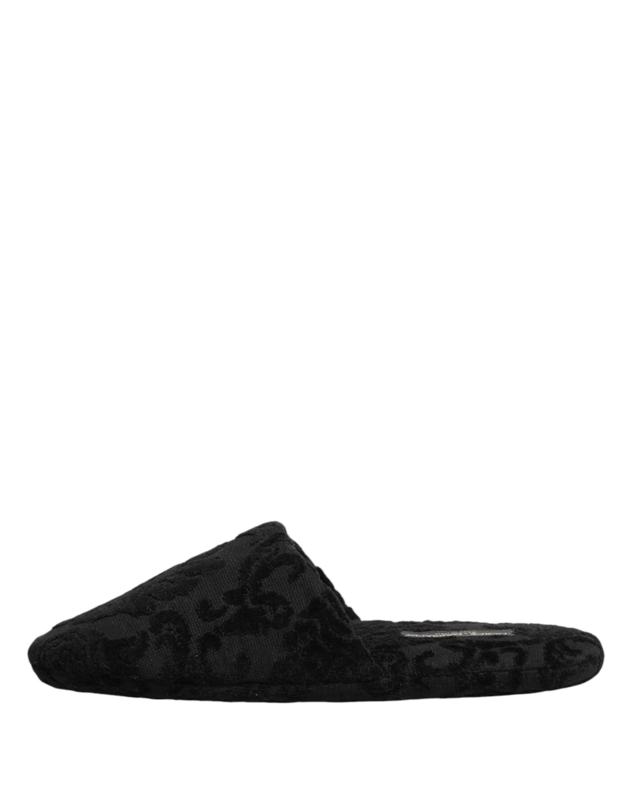 Dolce & Gabbana Schwarze Logo Bestickte Slipper Flats Schuhe