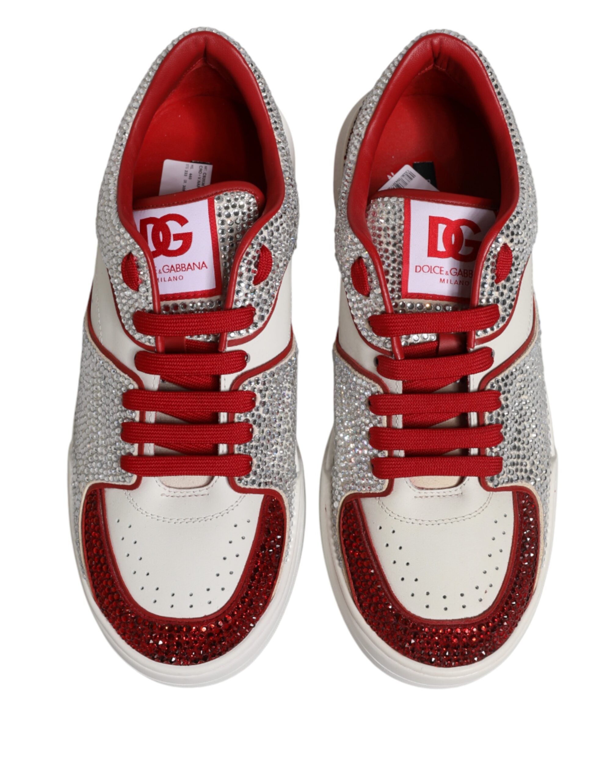 Dolce & Gabbana White Red Rhinestone Embellished Men Sneakers Shoes