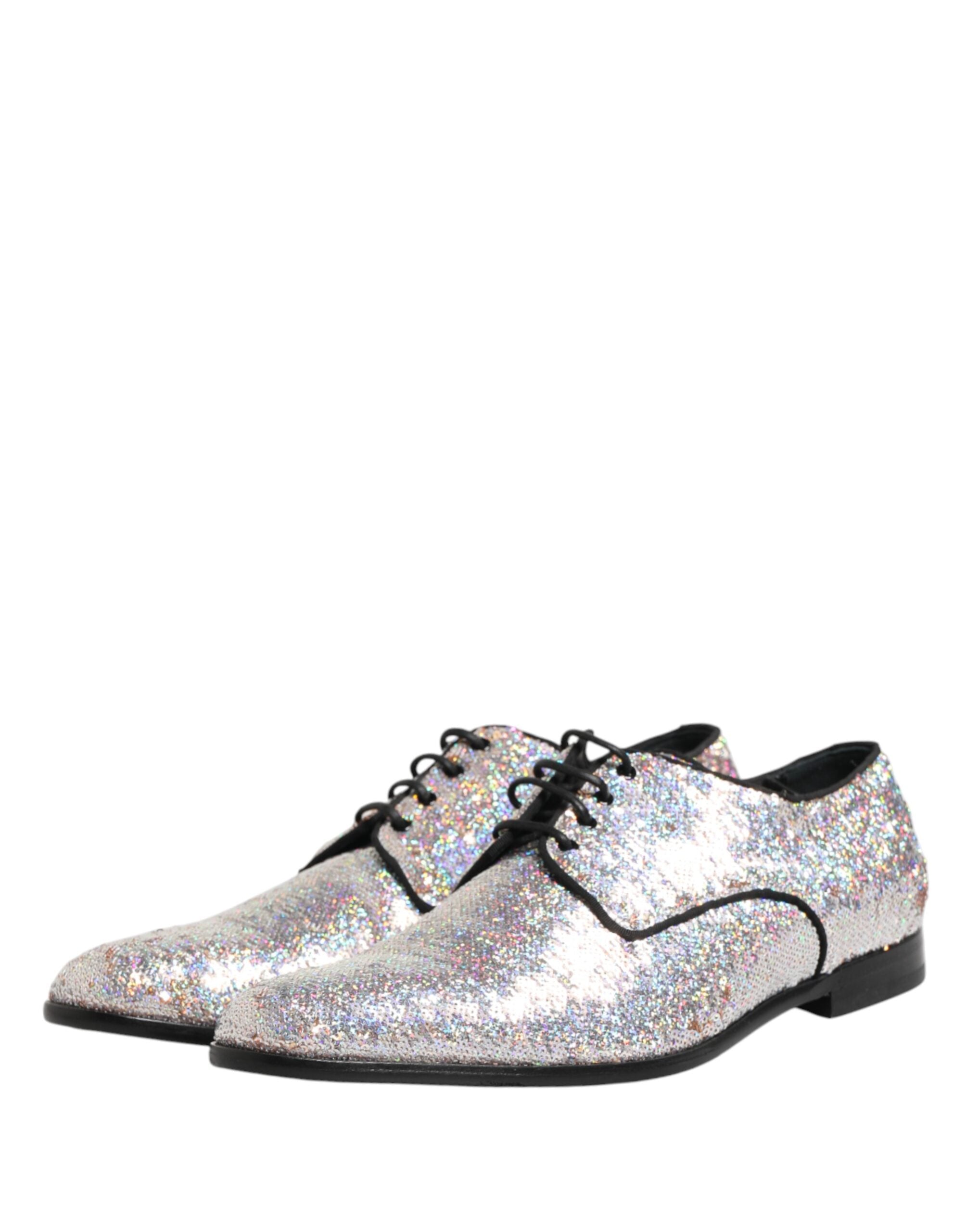Dolce & Gabbana Silberne Pailletten Schnür Derby Herren-Abendschuhe
