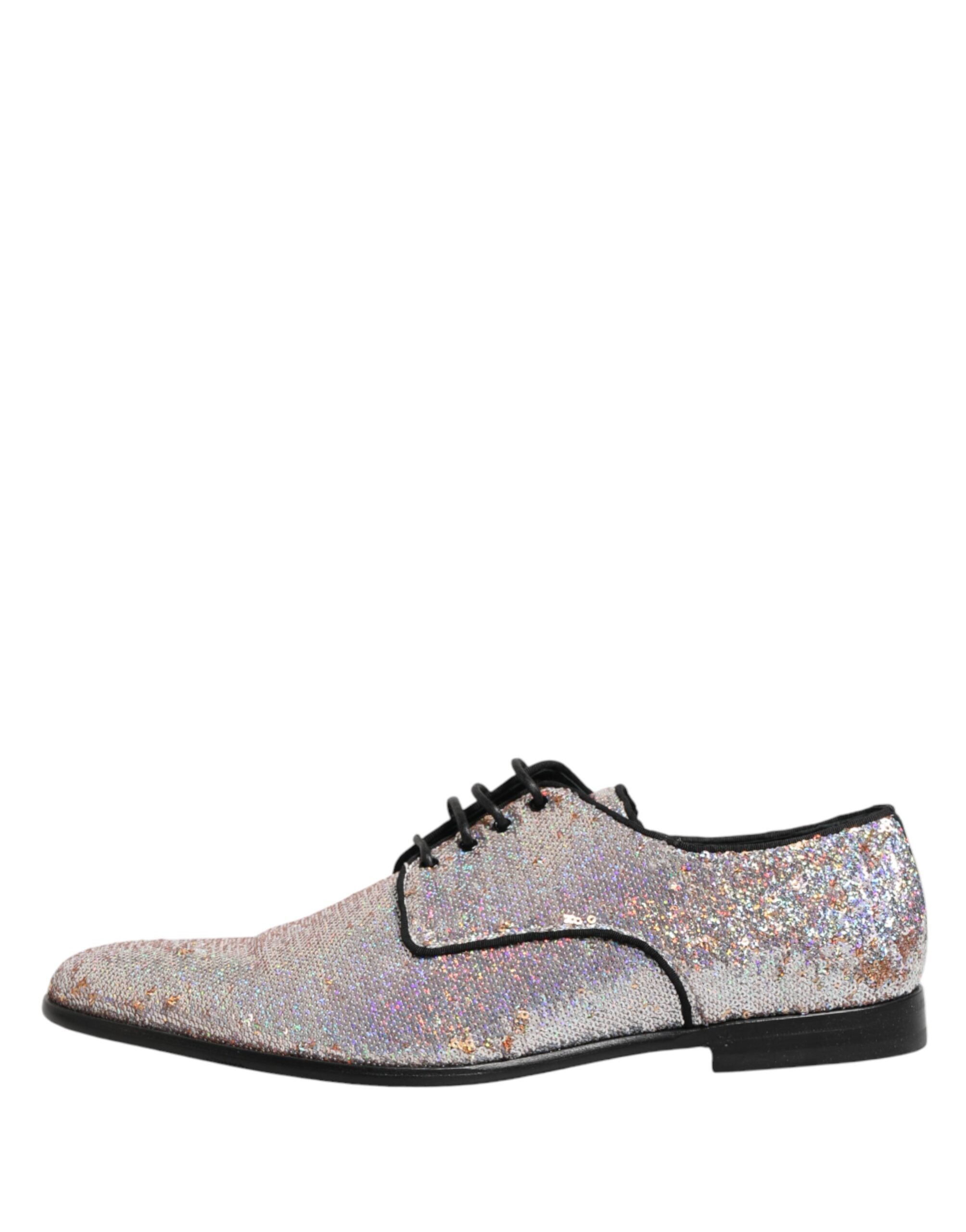 Dolce & Gabbana Silberne Pailletten Schnür Derby Herren-Abendschuhe