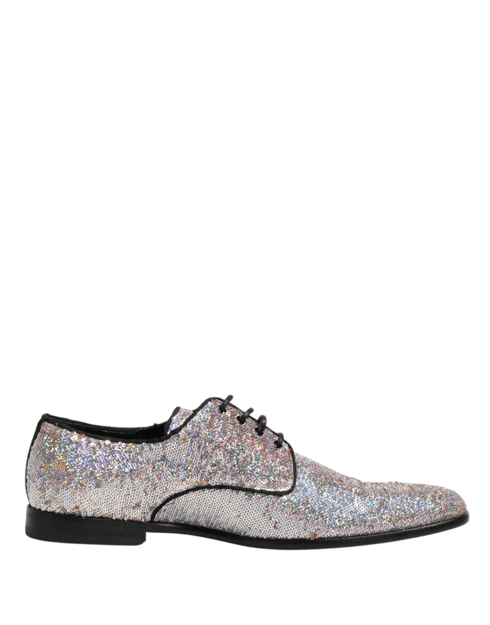 Dolce & Gabbana Silberne Pailletten Schnür Derby Herren-Abendschuhe