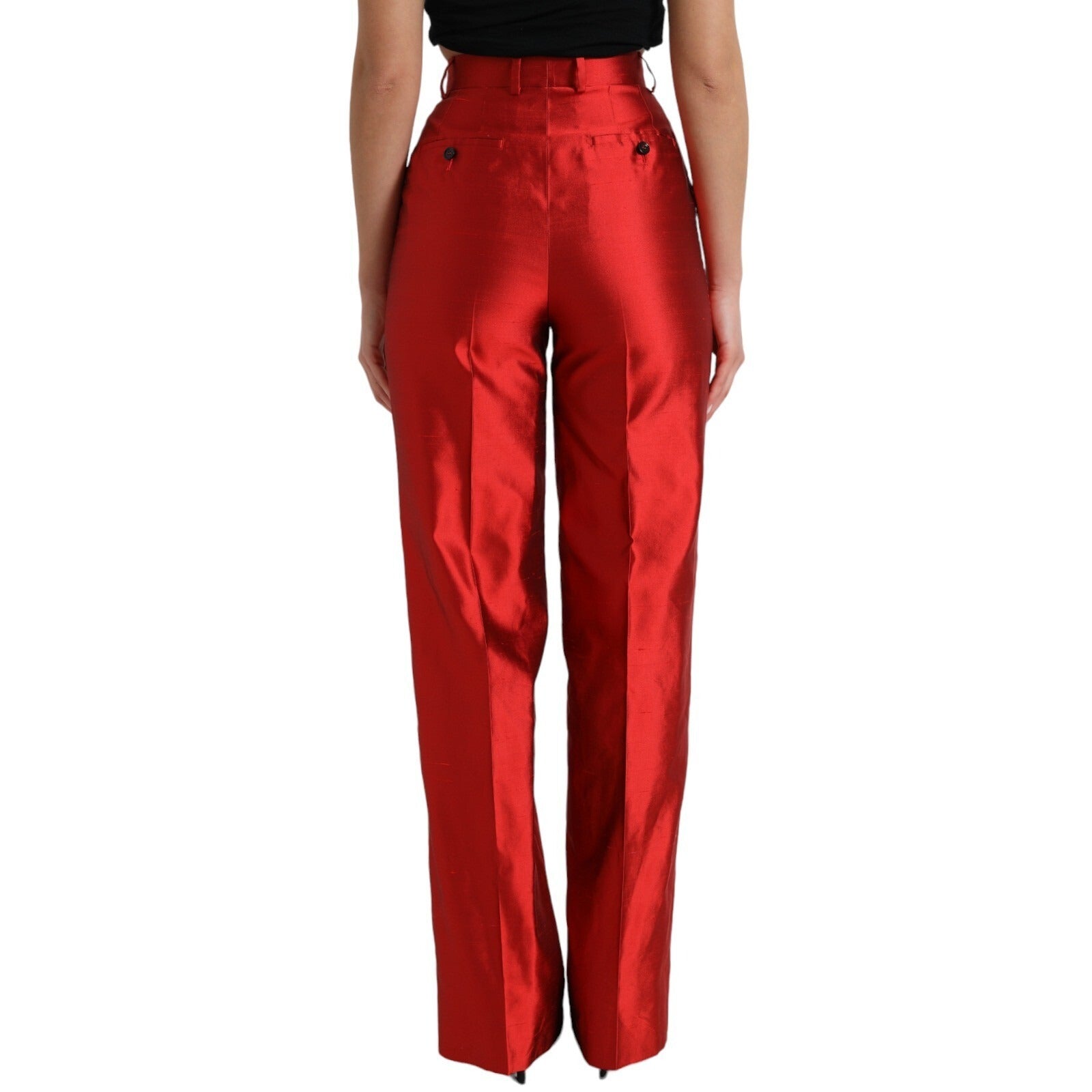 Dolce & Gabbana Rote Satinseidenhose mit hoher Taille und weitem Bein