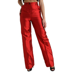Dolce & Gabbana Rote Satinseidenhose mit hoher Taille und weitem Bein