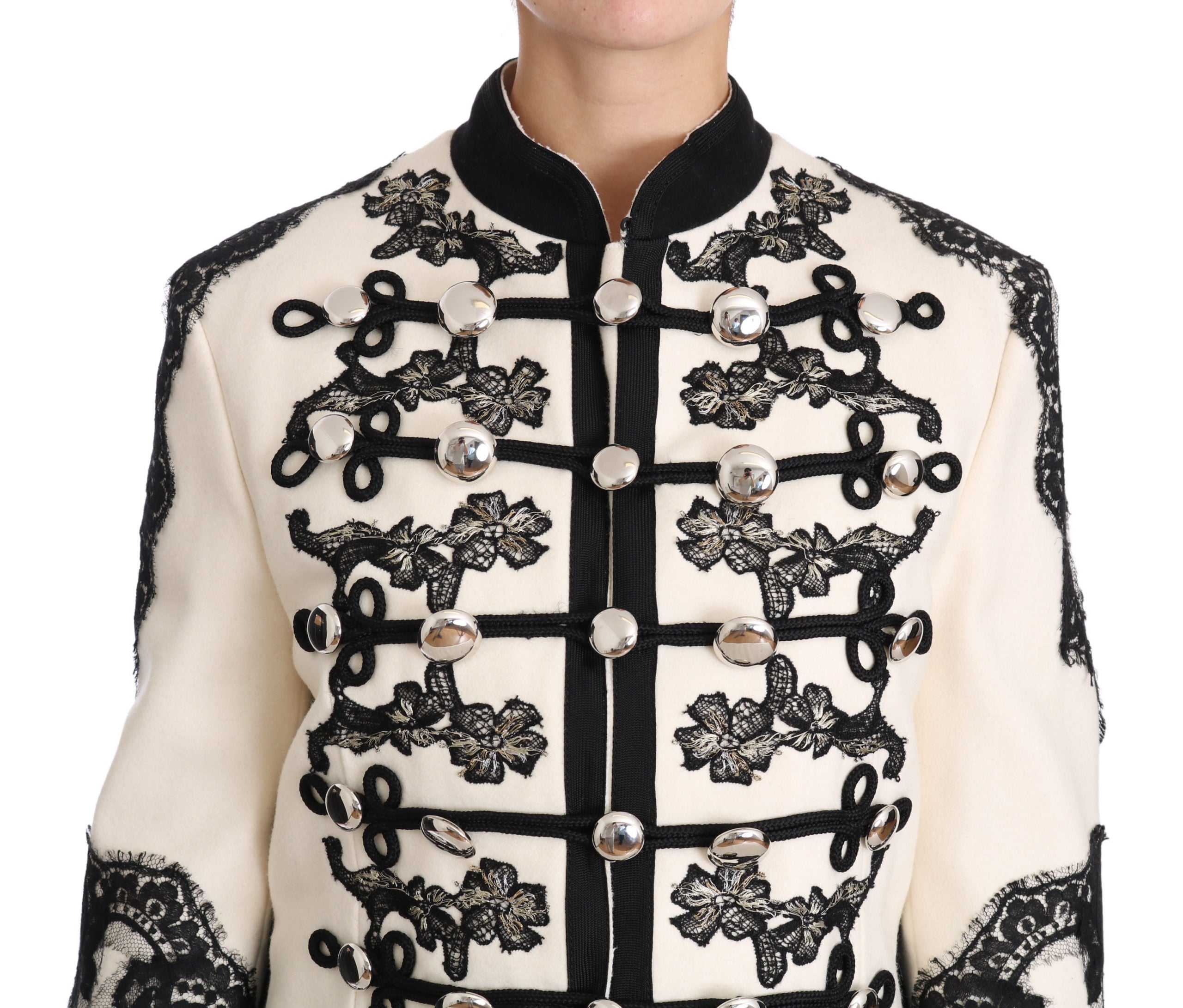 Dolce & Gabbana Weiße Wolljacke mit schwarzem Blumen-Barockmuster