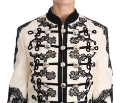 Dolce & Gabbana Weiße Wolljacke mit schwarzem Blumen-Barockmuster