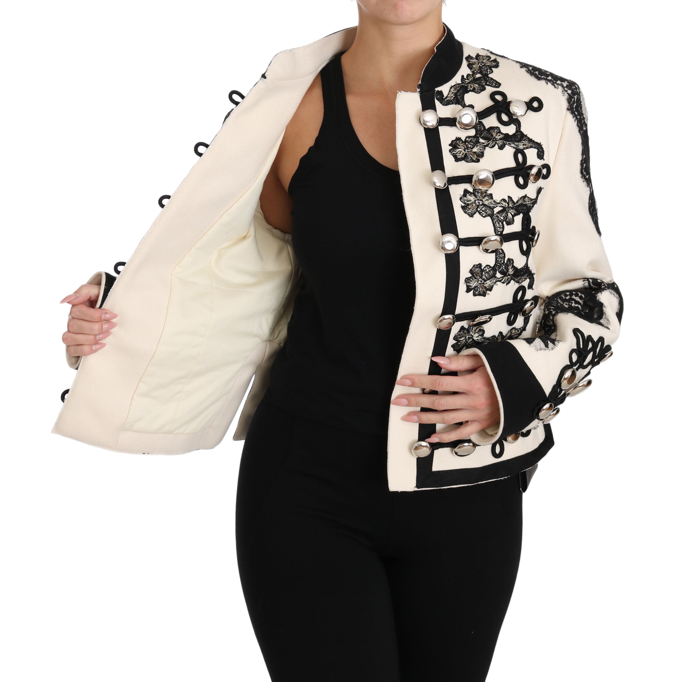 Dolce & Gabbana Weiße Wolljacke mit schwarzem Blumen-Barockmuster