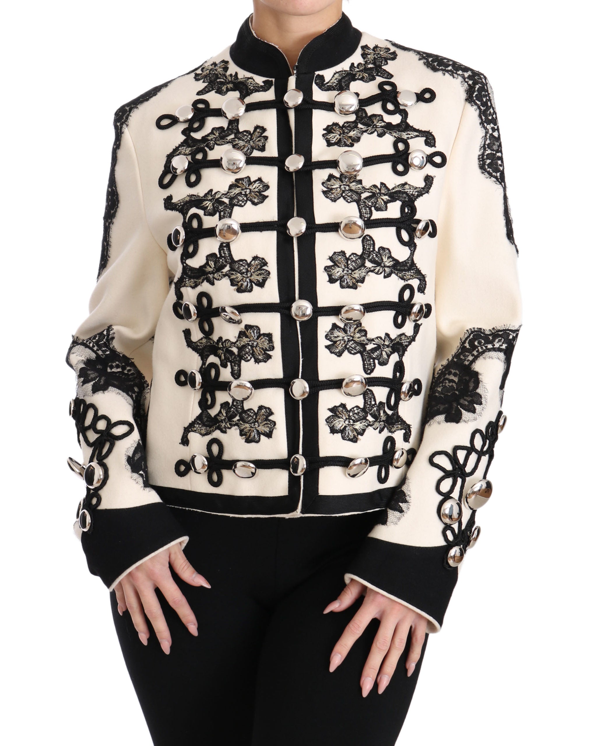 Dolce & Gabbana Weiße Wolljacke mit schwarzem Blumen-Barockmuster