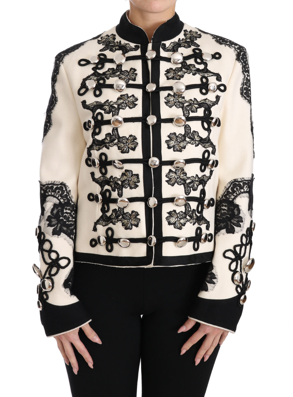 Dolce & Gabbana Weiße Wolljacke mit schwarzem Blumen-Barockmuster