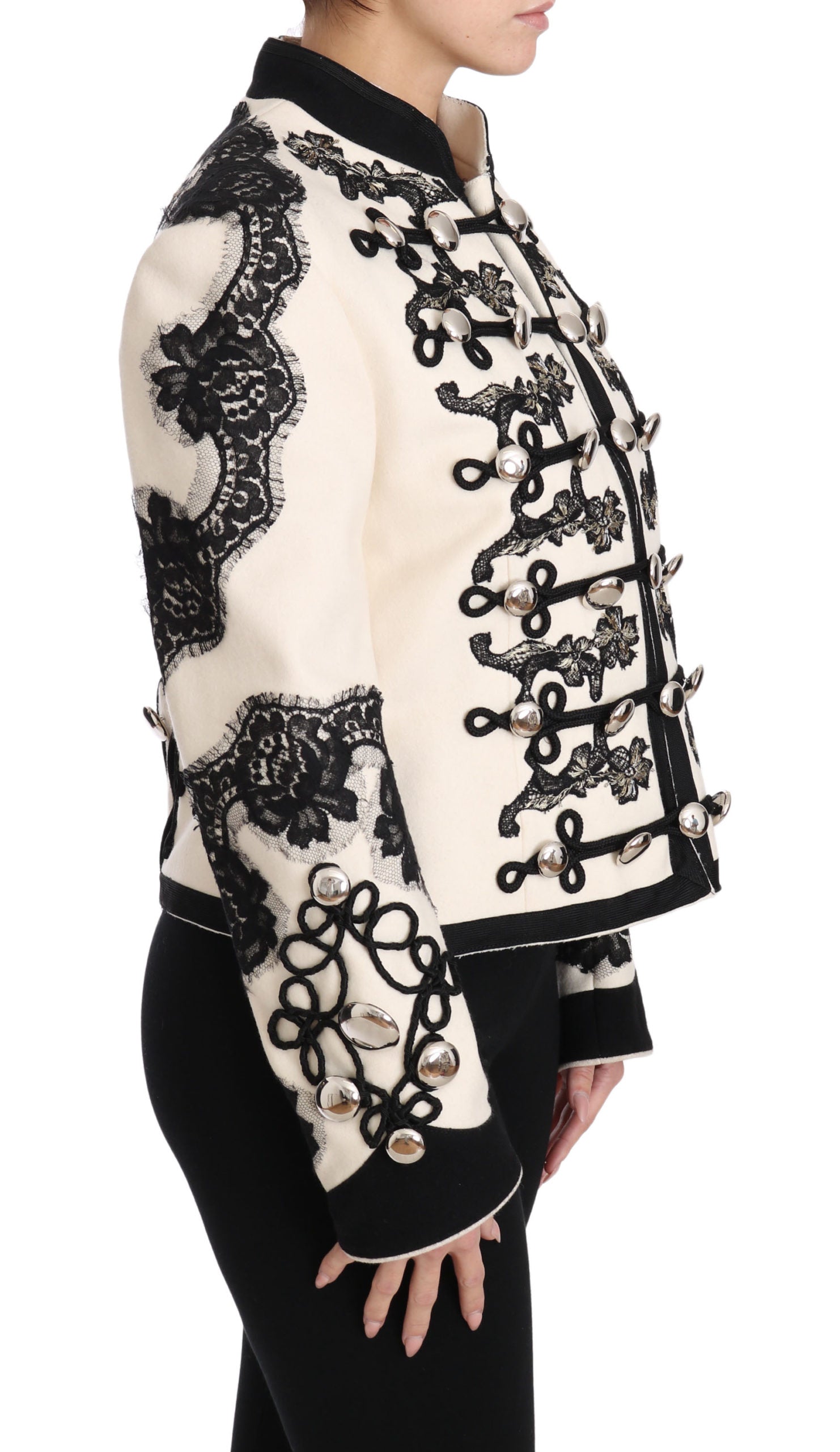 Dolce & Gabbana Weiße Wolljacke mit schwarzem Blumen-Barockmuster