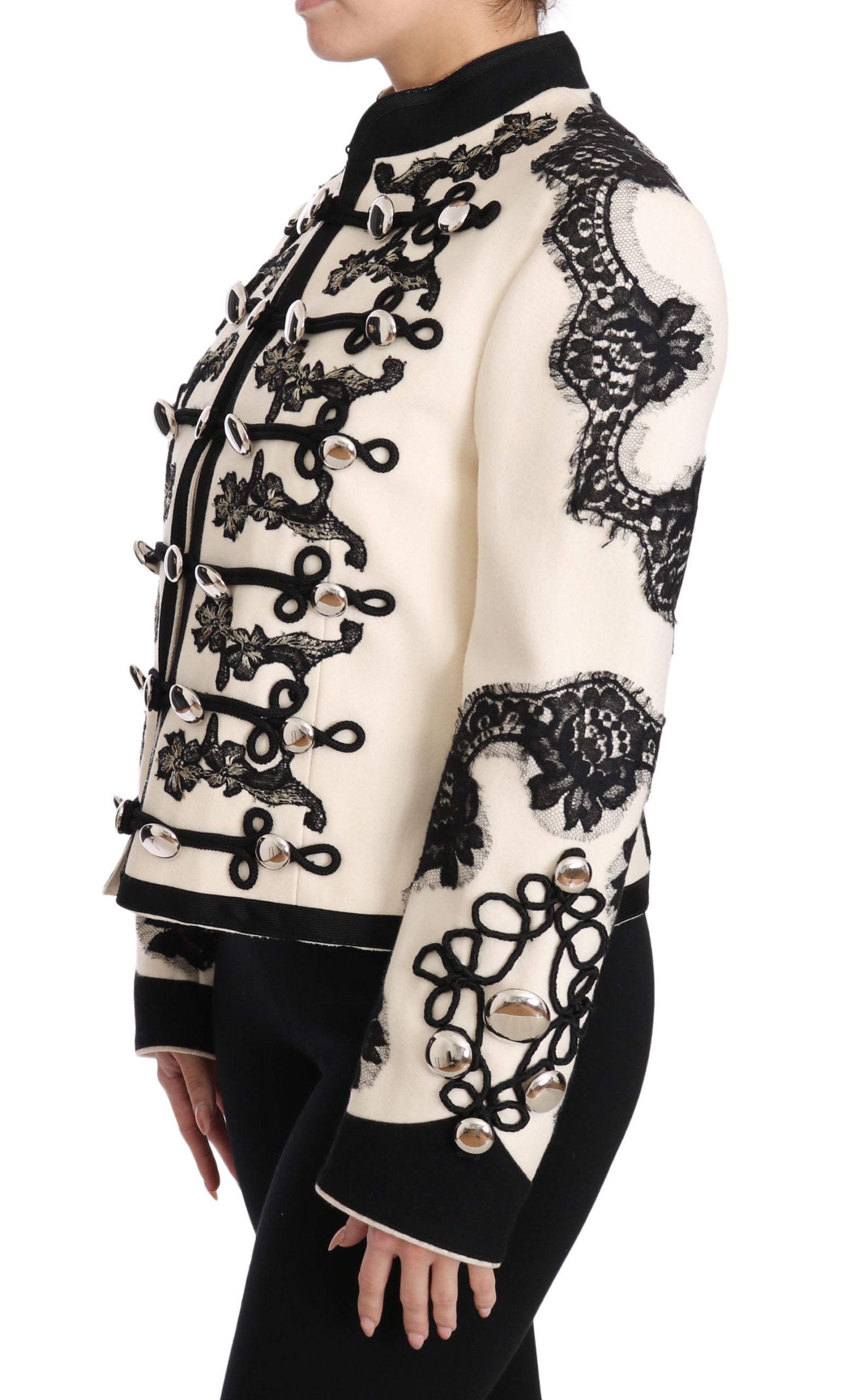 Dolce & Gabbana Weiße Wolljacke mit schwarzem Blumen-Barockmuster