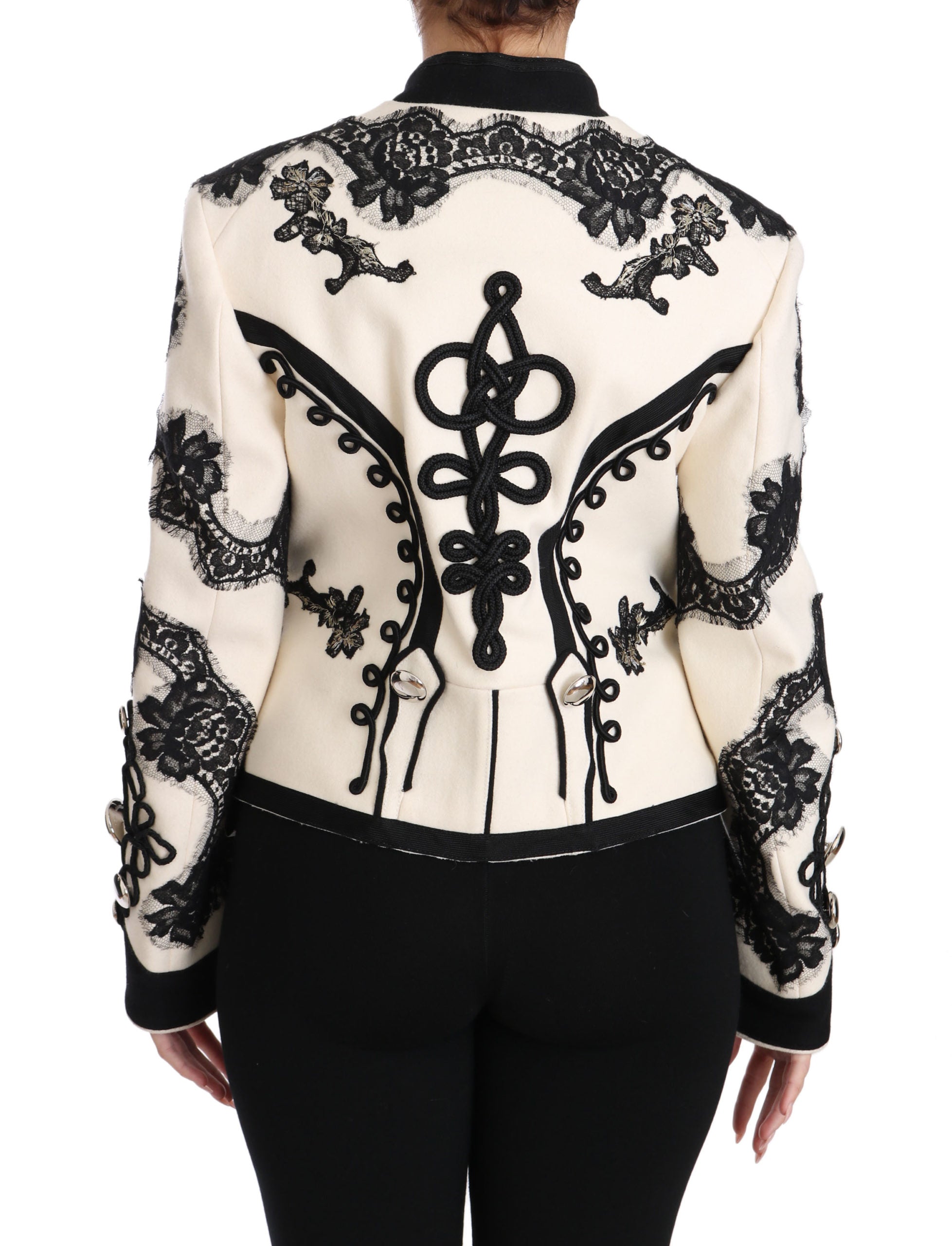 Dolce & Gabbana Weiße Wolljacke mit schwarzem Blumen-Barockmuster