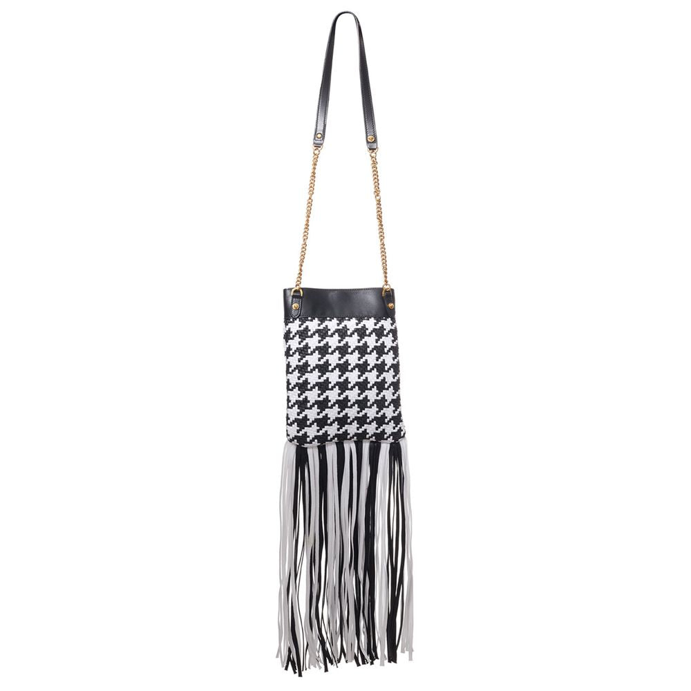 Versace Schultertasche aus schwarzem und weißem Leder und Textil
