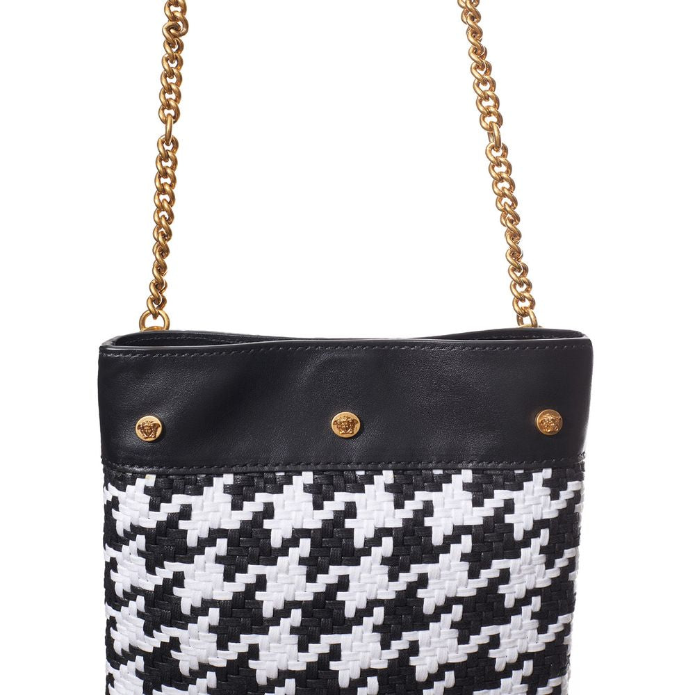 Versace Schultertasche aus schwarzem und weißem Leder und Textil