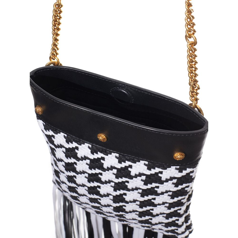 Versace Schultertasche aus schwarzem und weißem Leder und Textil