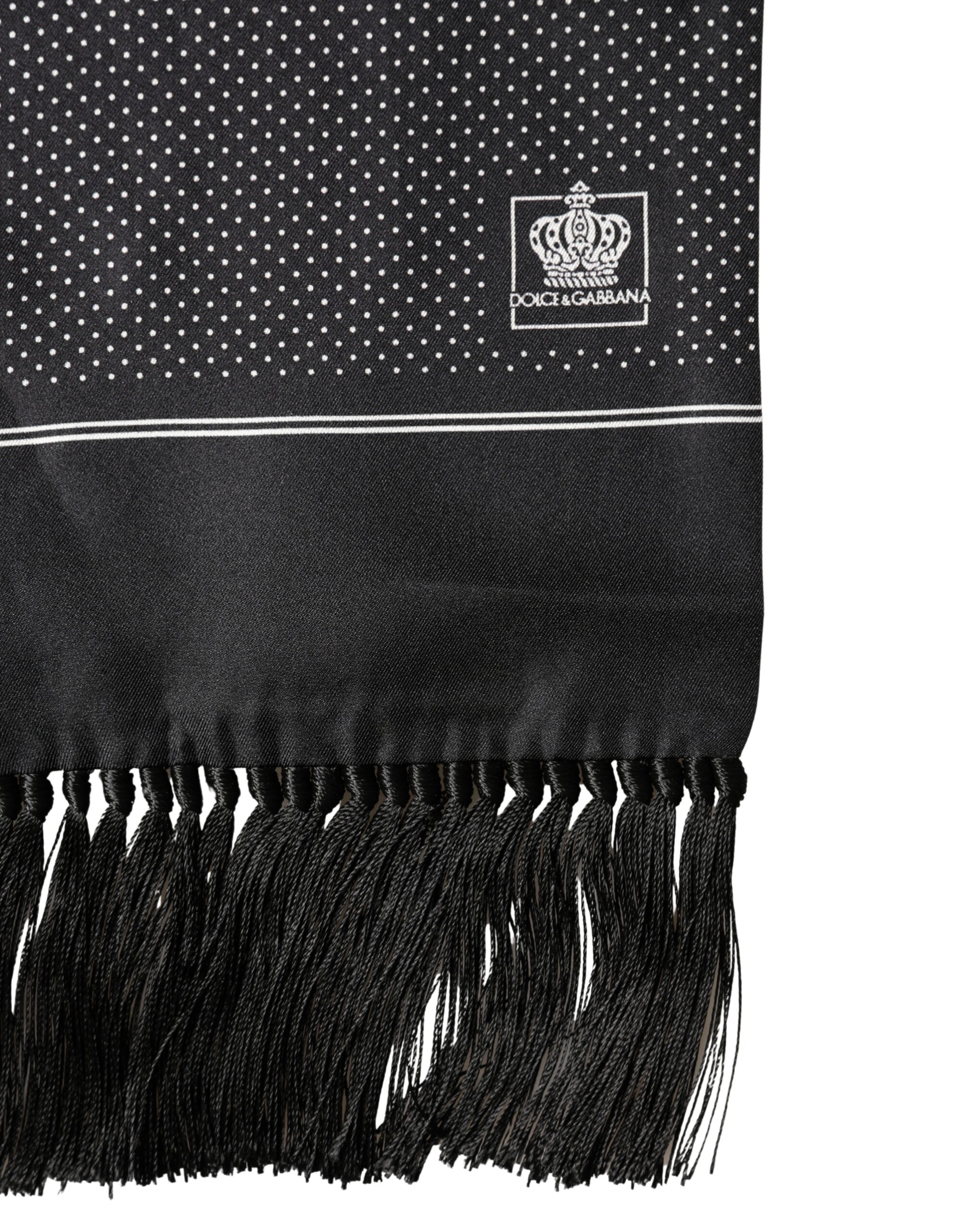 Dolce & Gabbana Schwarzer Seiden-Foulard mit Polka Dots und Kronen-Motiv 140cm X 16.5cm Schal