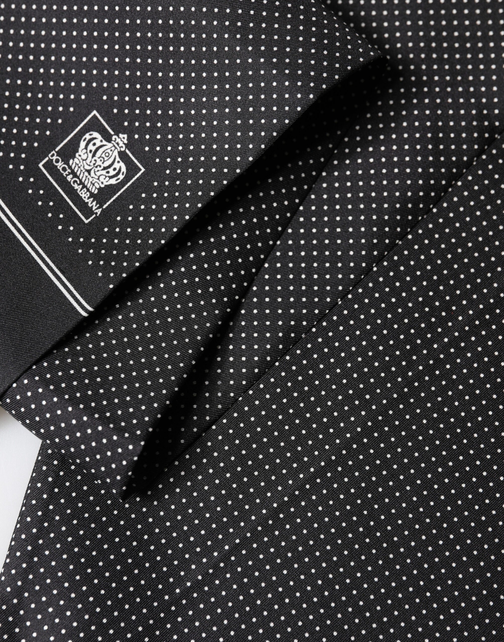 Dolce & Gabbana Schwarzer Seiden-Foulard mit Polka Dots und Kronen-Motiv 140cm X 16.5cm Schal