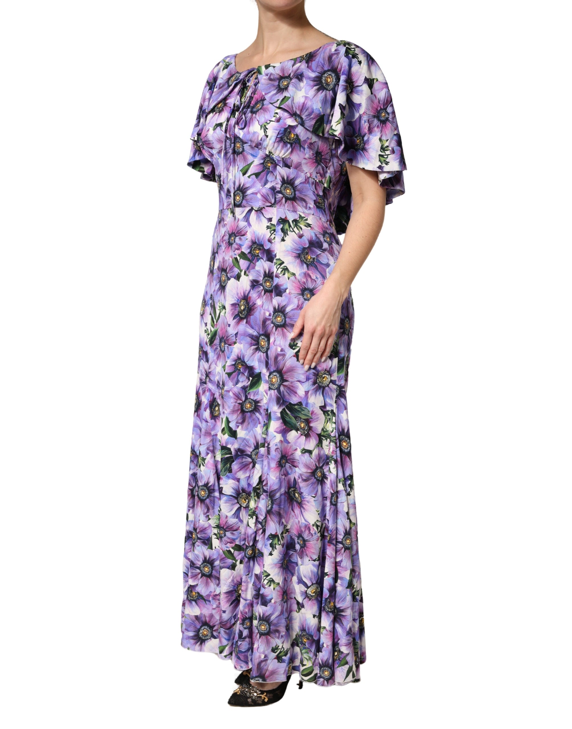 Dolce & Gabbana Elegantes Abendkleid aus violetter Seide mit Blumendruck und Stretchanteil