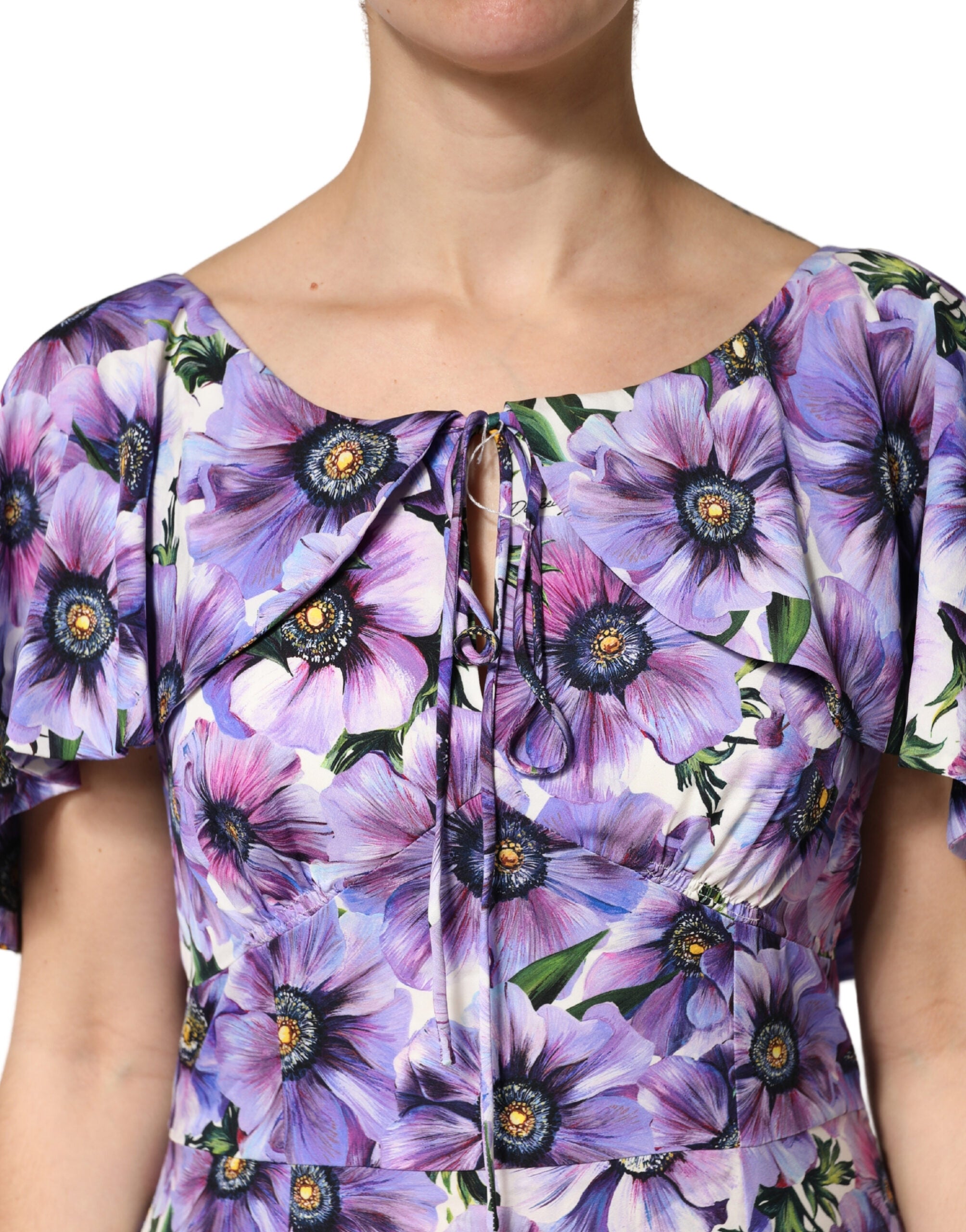 Dolce & Gabbana Elegantes Abendkleid aus violetter Seide mit Blumendruck und Stretchanteil