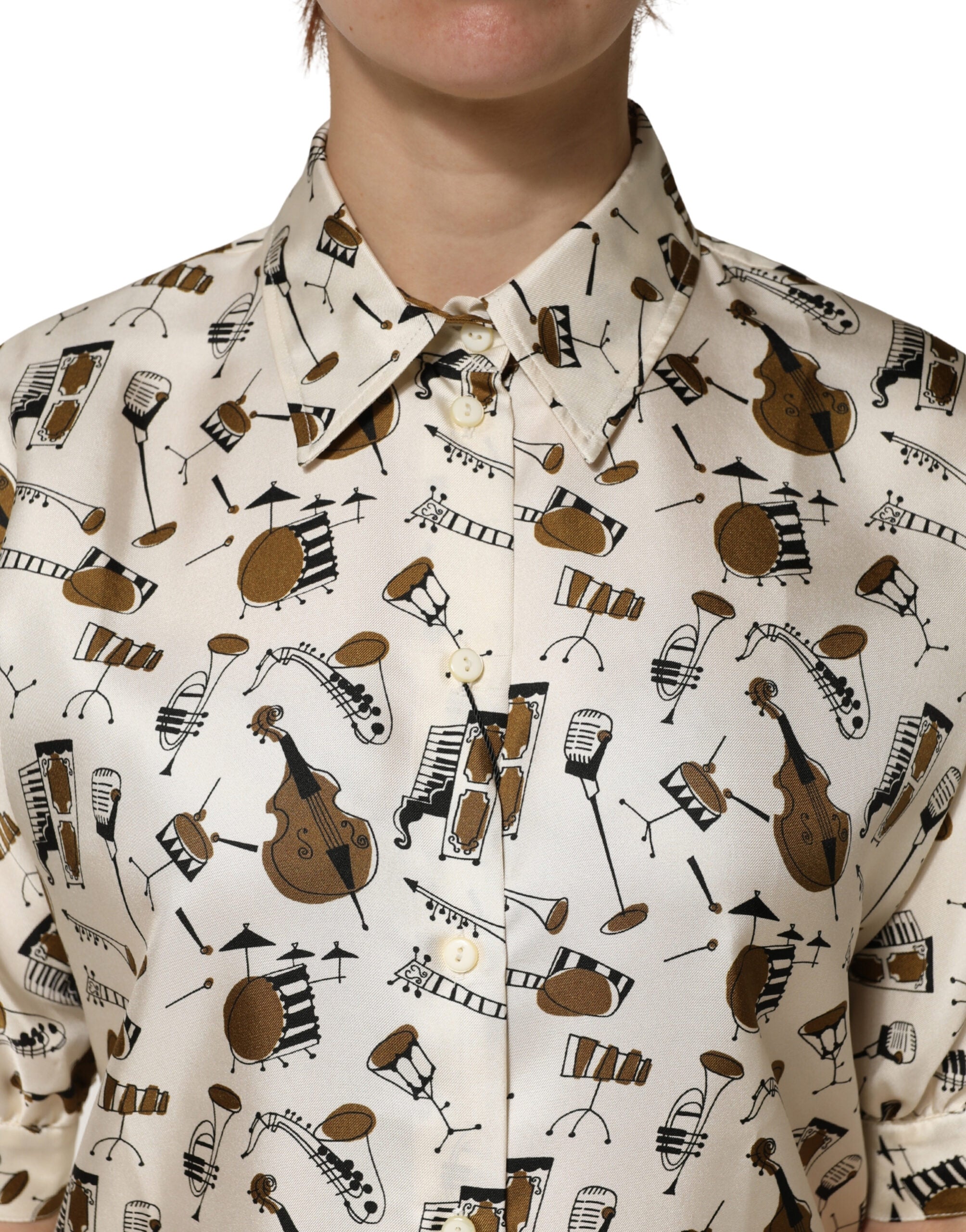 Dolce & Gabbana Beiges Oberteil mit Musikinstrumenten-Print und kurzen Ärmeln