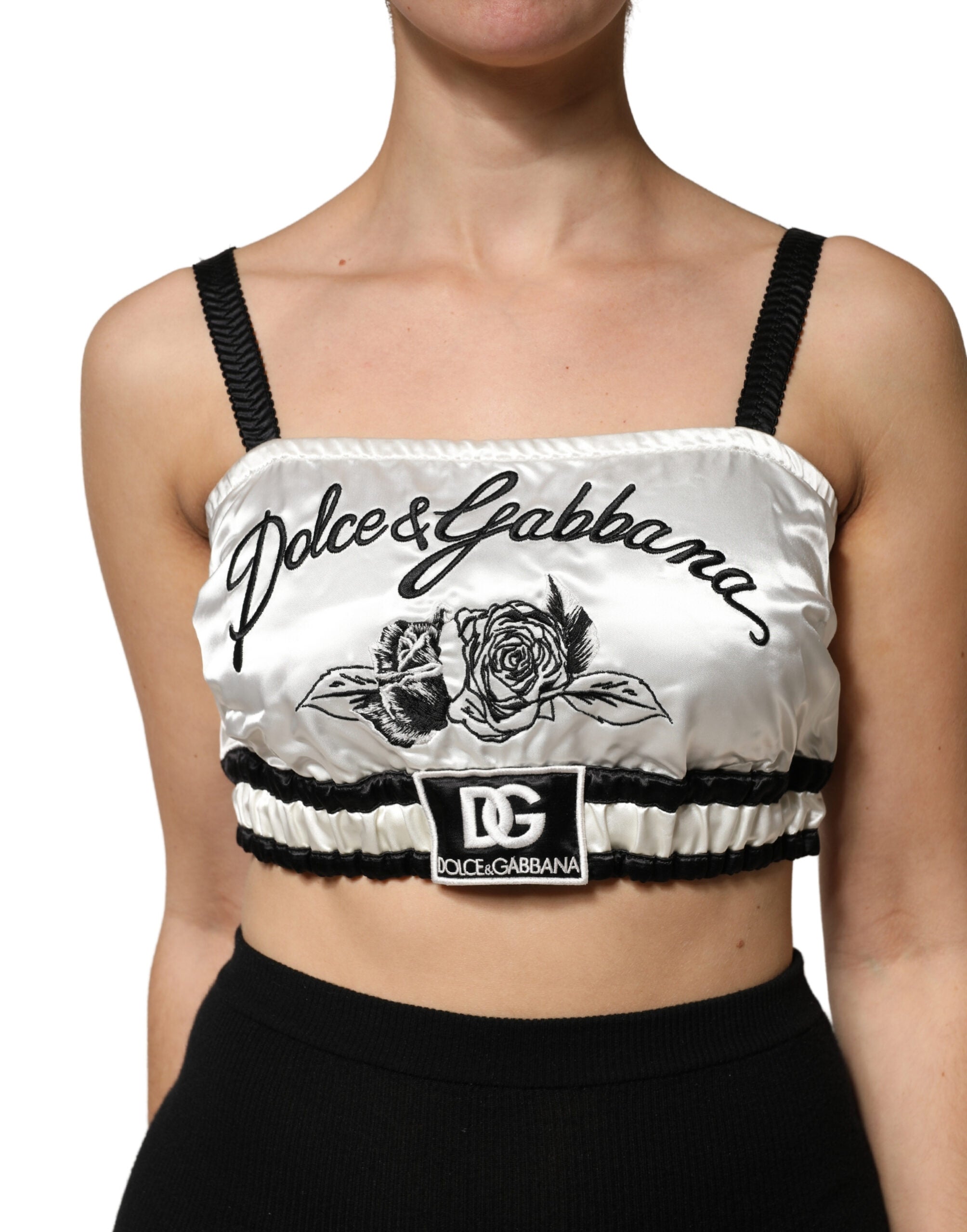 Dolce & Gabbana Weißes Seidensatin Crop Top mit schwarzem Logo Bralette