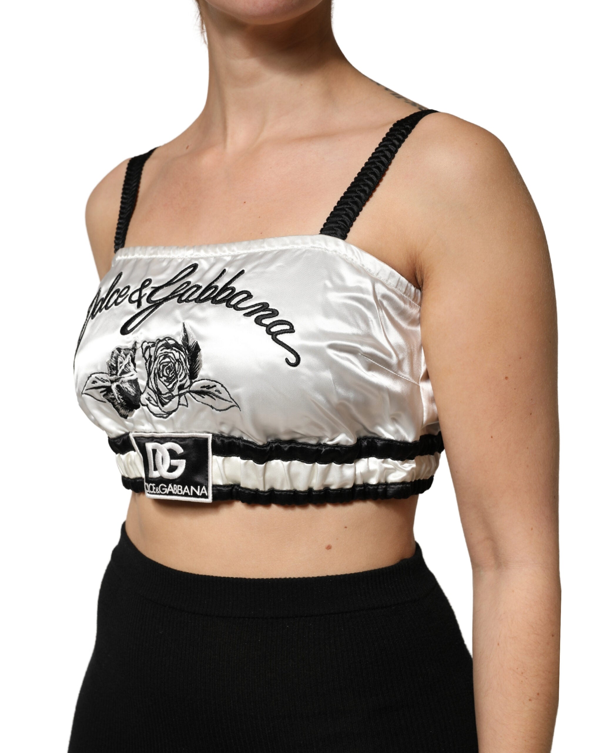 Dolce & Gabbana Weißes Seidensatin Crop Top mit schwarzem Logo Bralette